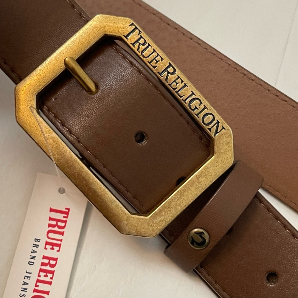 True Religion Brown Faux Leather Belt with Gold Metal Buckle Retro Chunky, L/XL